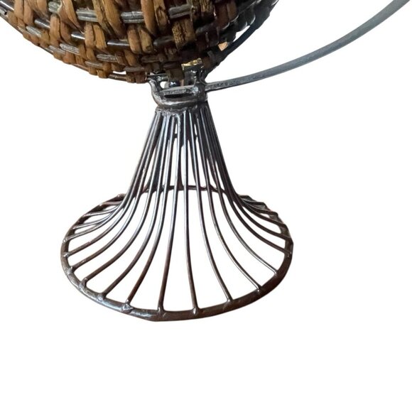 Vtg Woven Rattan Wrought Iron Fruit Basket Pedestal Stand Centerpiece MCM Boho - Picture 5 of 8